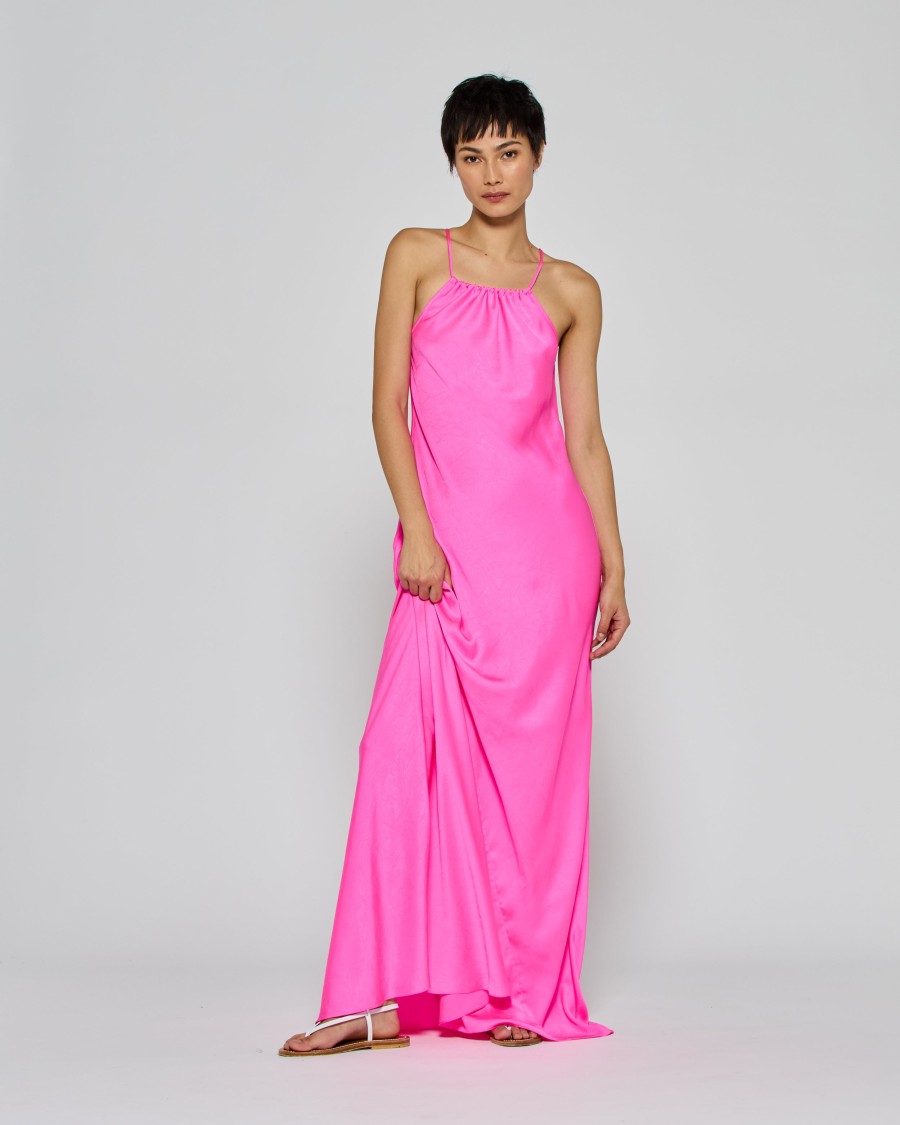 Serena Bute Gathered Neck Bias Dress With Adjustable Straps In Pink