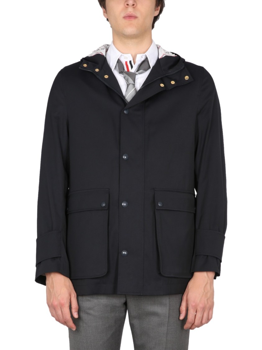 Thom Browne Nylon Parka With Front Pockets And Hood In Blue
