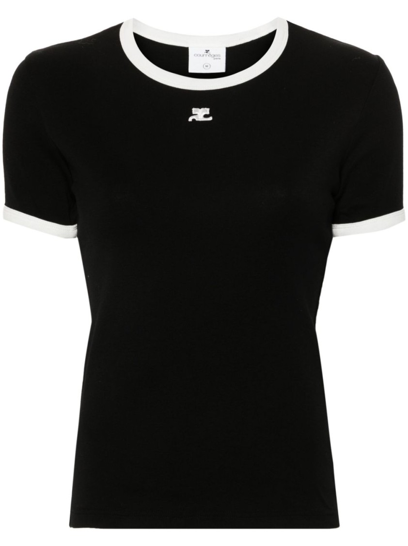 Courrèges Fitted Black T-shirt With Contrasting Trim And Embroidered Logo In Black