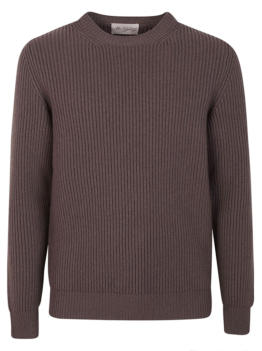 Mc George Textured Ribbed Wool Sweater With Classic Crew Neckline In Gray
