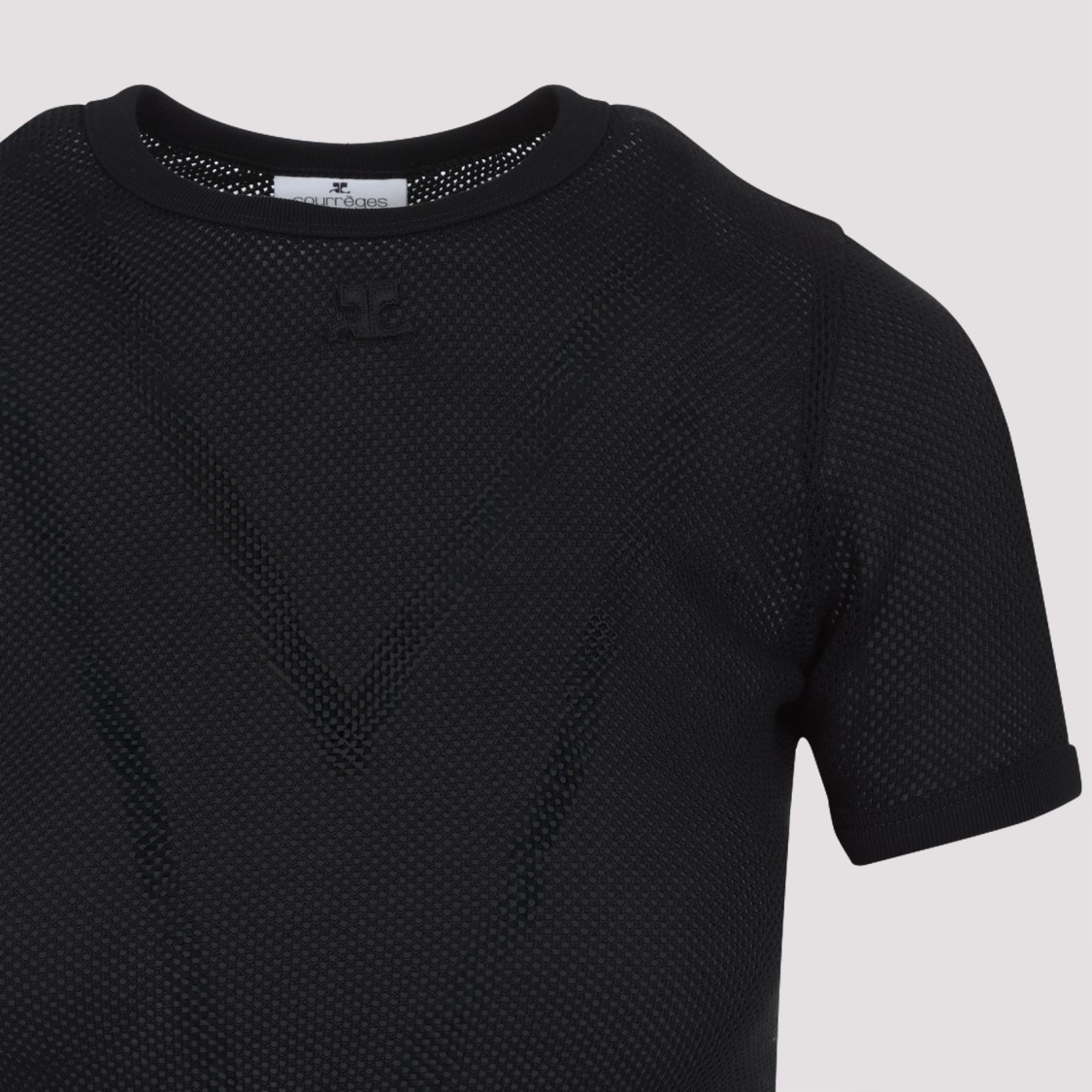 Courrèges Textured Mesh Black Short-sleeved Top In Black