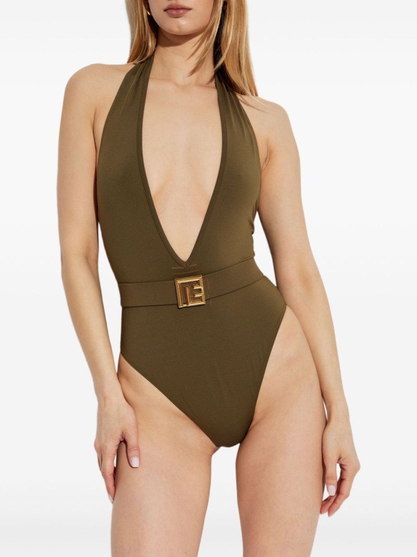 Shop Balmain Plunging V-neck One-piece Swimsuit