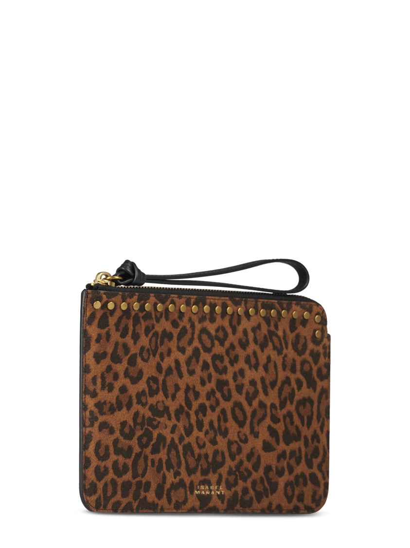 Isabel Marant Leopard Print Flat Pouch With Gold Studs And Wrist Strap In Brown
