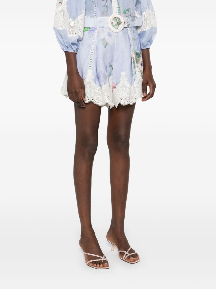Zimmermann Womens Light Blue Floral Everley Tuck Floral-pattern Linen Shorts In Blue