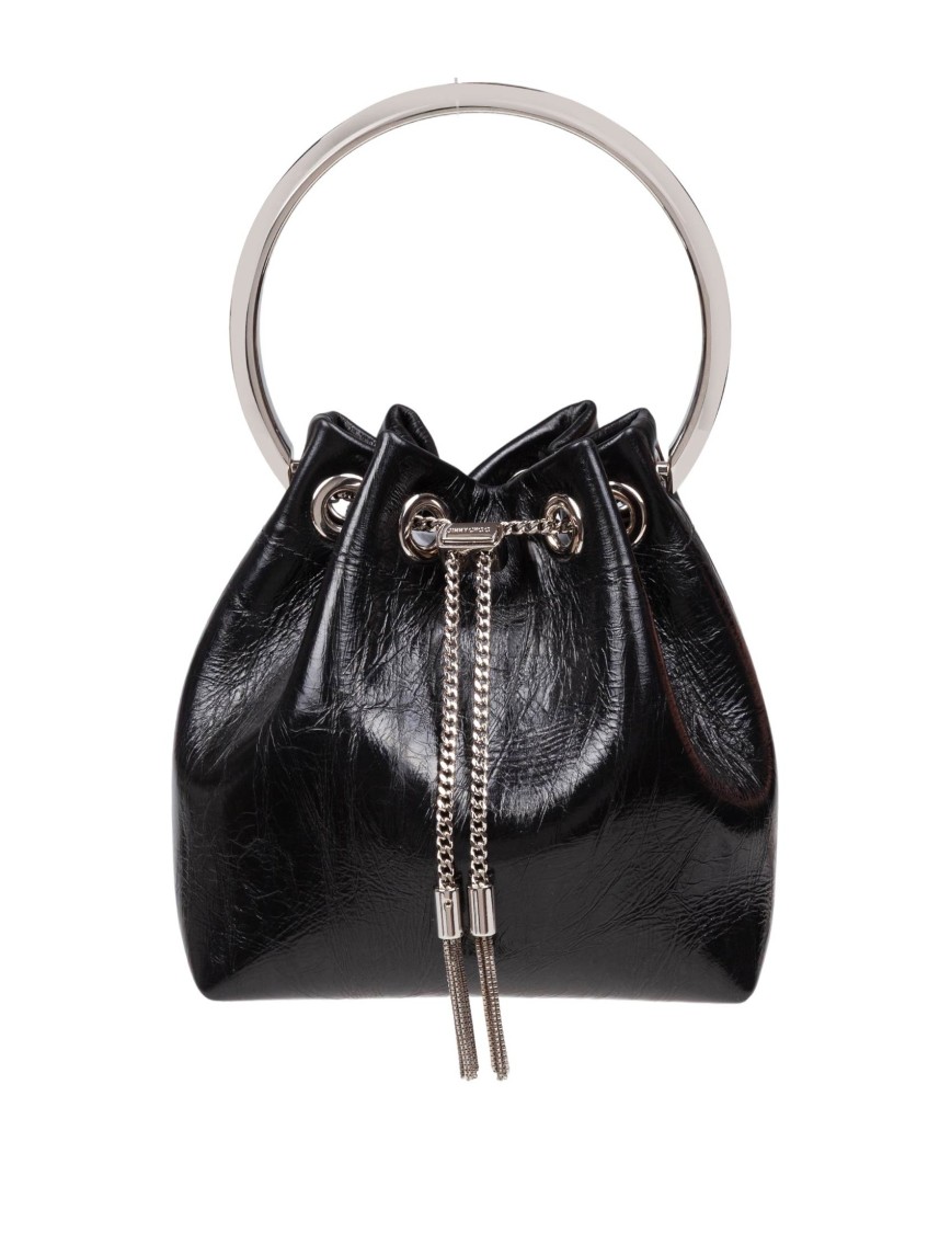 Jimmy Choo Eyelet Chain Bucket Bag With Metallic Handle In Black