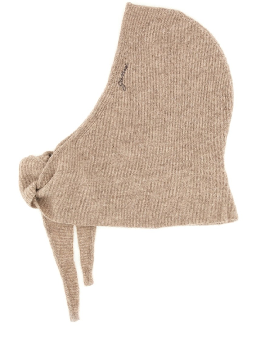 Ganni Ribbed Wool Balaclava With Unique Tie Detail In Brown