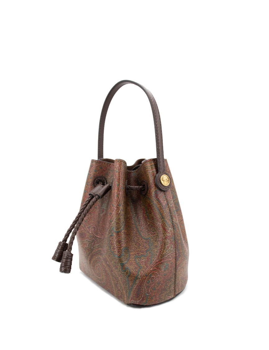 Etro Brown Paisley Jacquard Bucket Bag With Leather Trim
