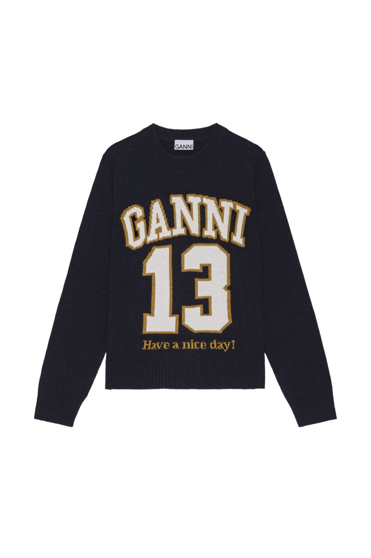 Ganni Women Logo Graphic Baseball Wool Mix Sweater