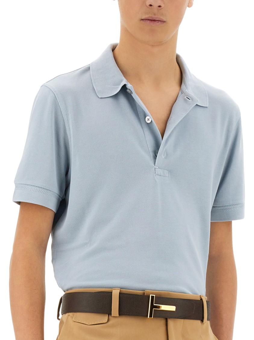 Tom Ford Light-blue Short-sleeves Polo In Cotton Piquet Jersey Man In White