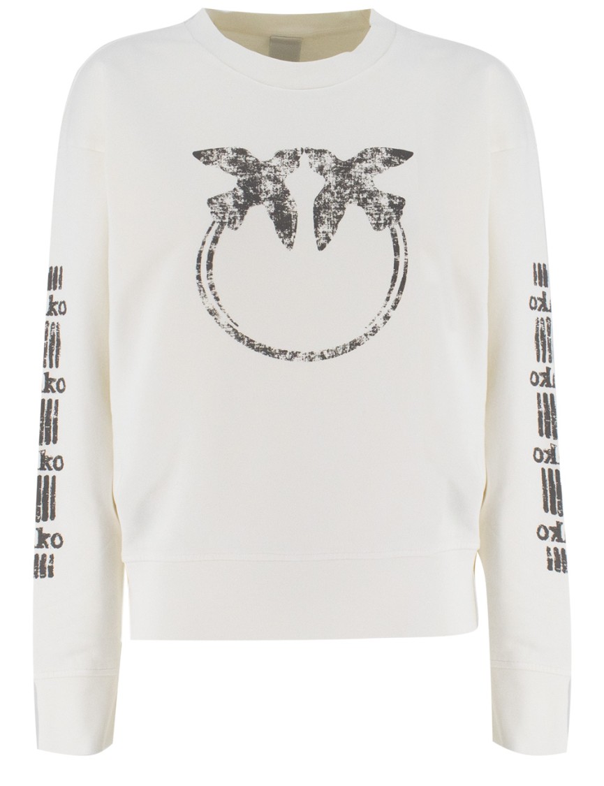 Pinko 'mindelo' White Sweatshirt With Logo Print On The Front And Sleeves In Cotton Woman In White
