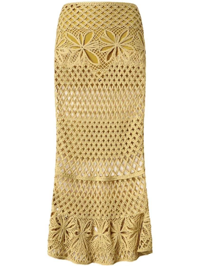Pinko Long Crochet-effect Fitted Skirt With Floral Patterns In Orange