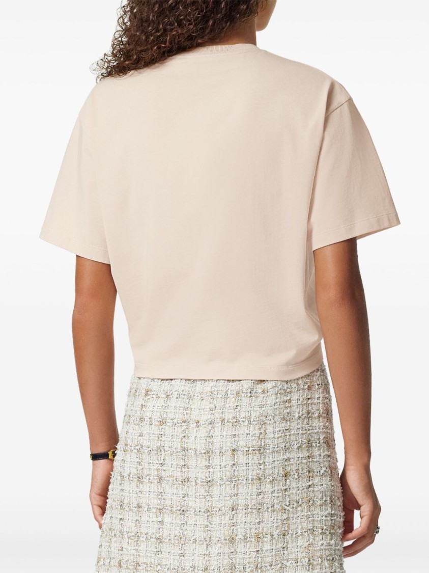 Versace Cropped T-shirt With Twist Detail And Safety Pin Logo In Neutrals