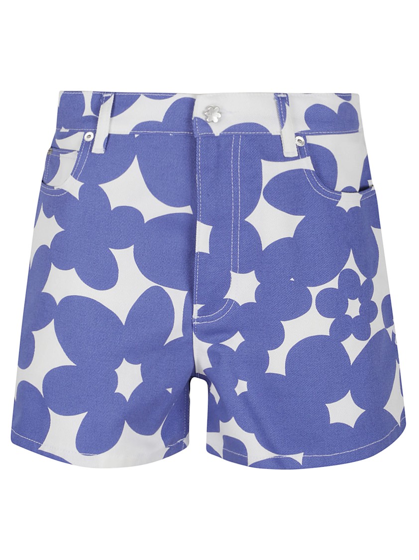 Marni White Cotton Gabardine Shorts With Floral Motif In Blue