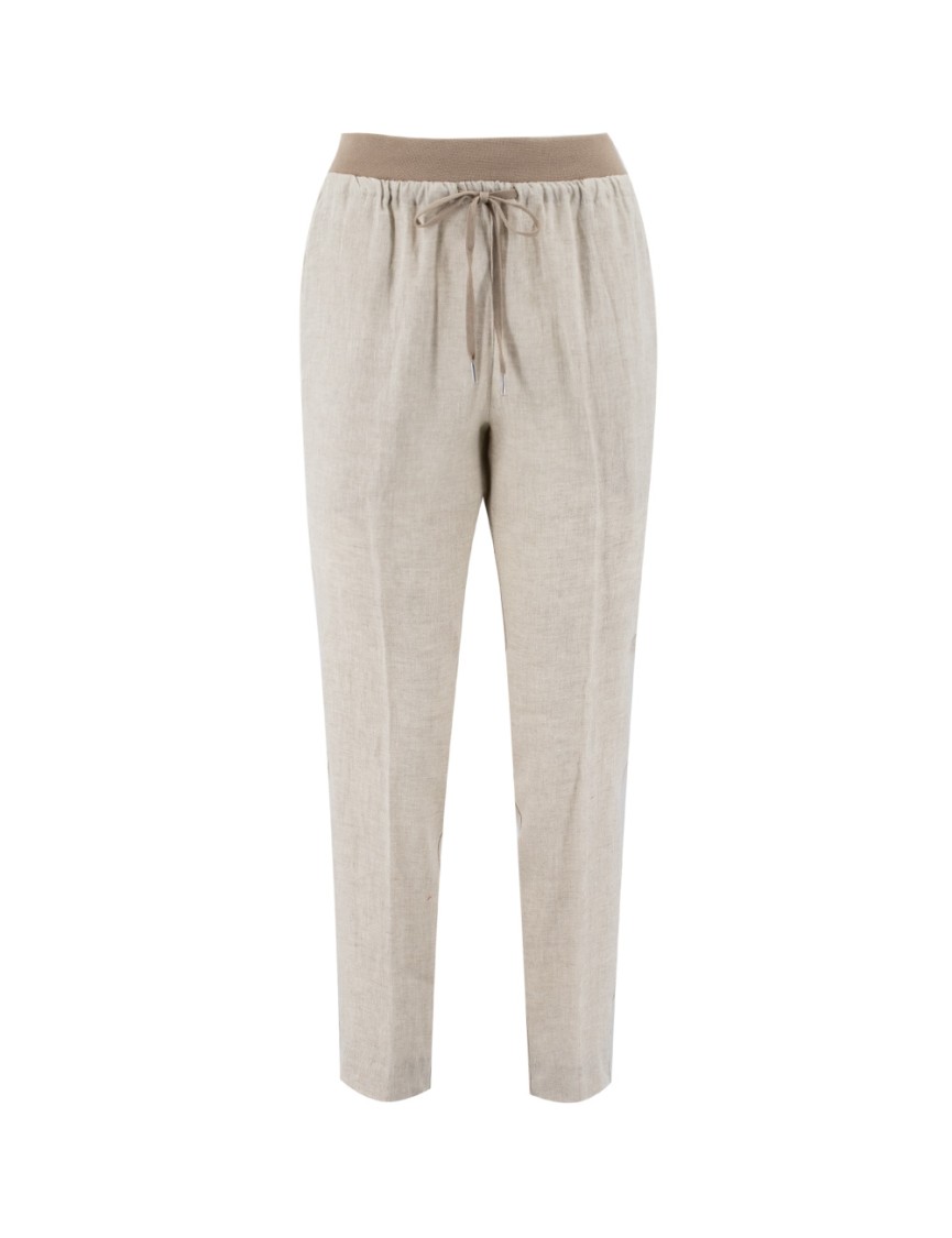 Le Tricot Perugia Linen Trousers With Elasticated Drawstring Waist And Refined Fit In Neutrals