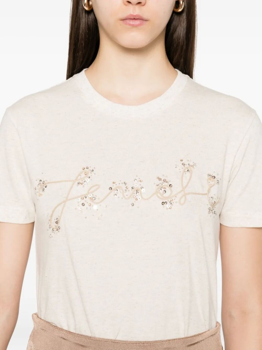 Fendi Beige Cotton And Linen T-shirt With Logo In Neutral