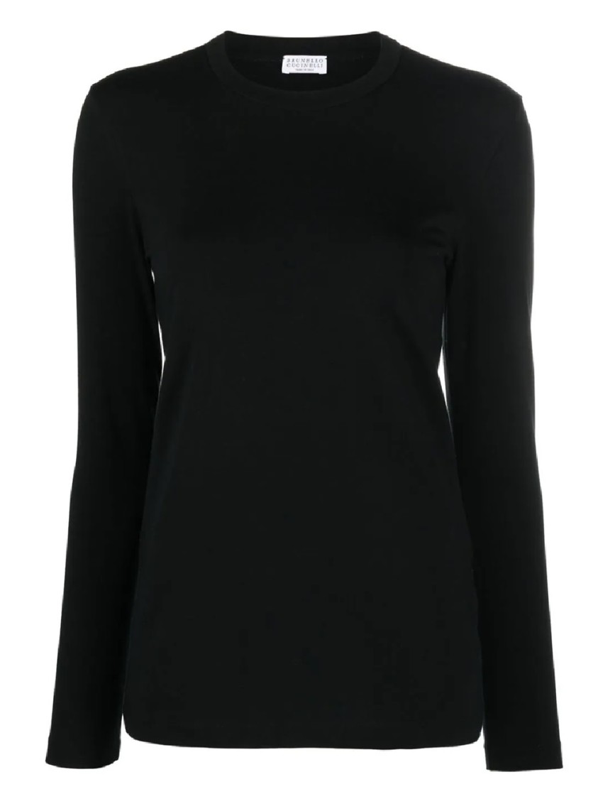Brunello Cucinelli Long-sleeve Black Top With Classic Crew Neckline In Black