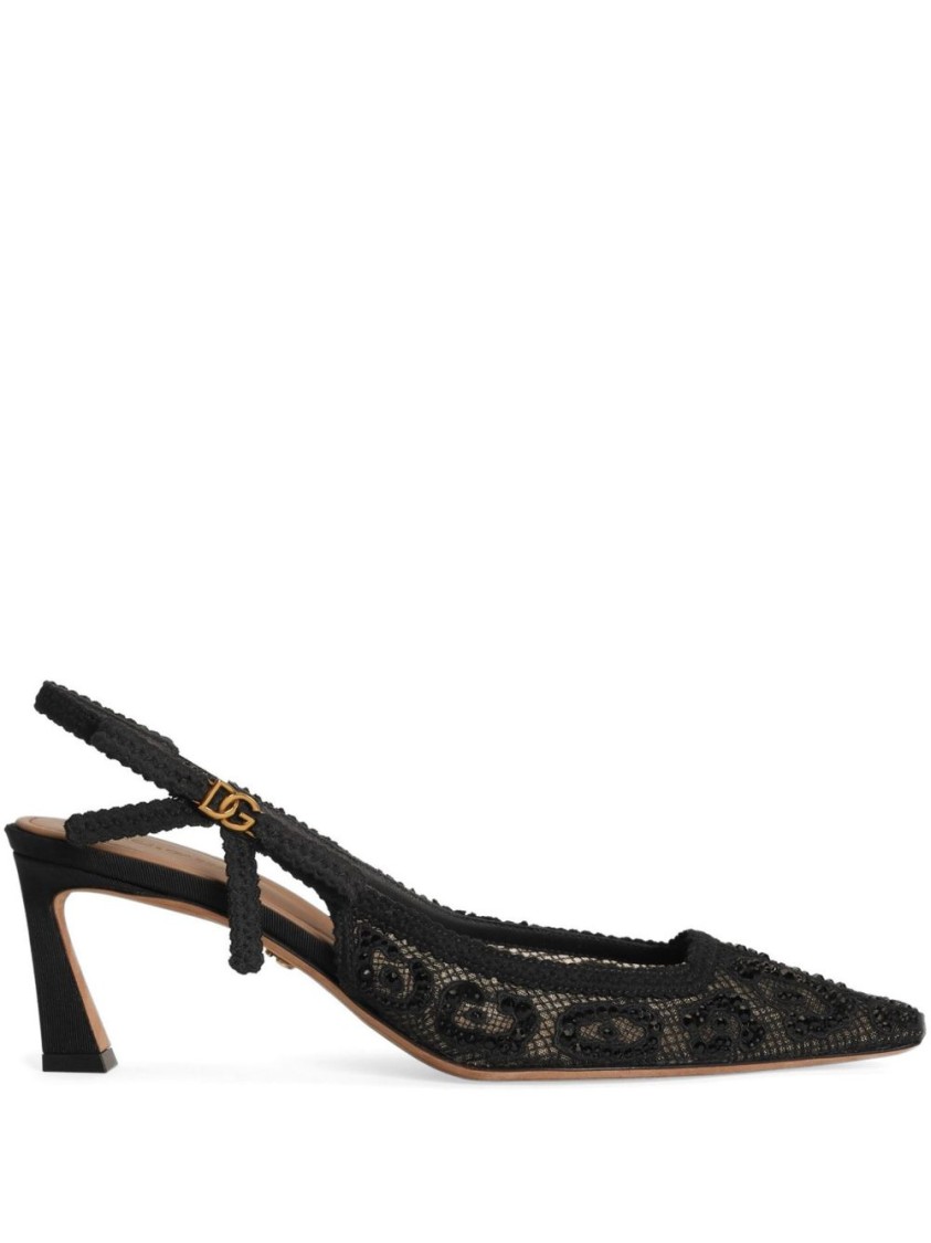 Dolce & Gabbana Leopard-design Lace Slingbacks With Fusible Rhinestones In Black