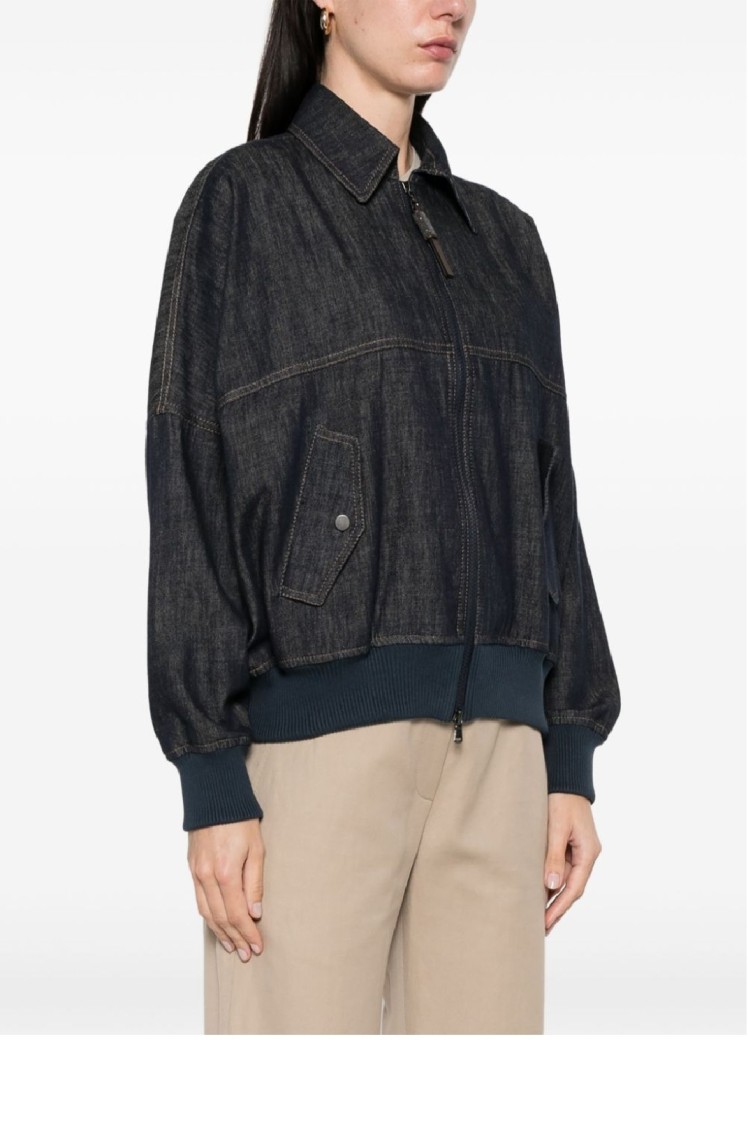 Brunello Cucinelli Denim-effect Twill Bomber Jacket With Shiny Zip In Black