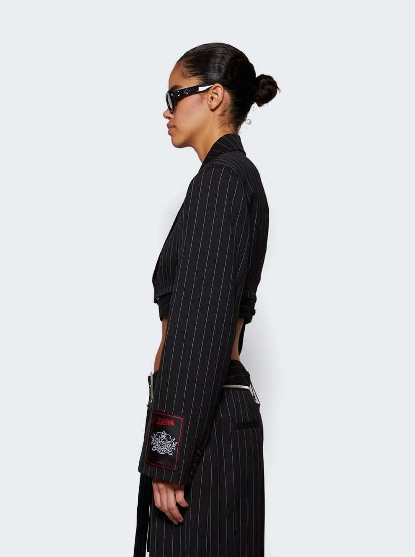 Jean Paul Gaultier Double-breasted Belted Cropped Pinstriped Wool-twill Blazer In Black