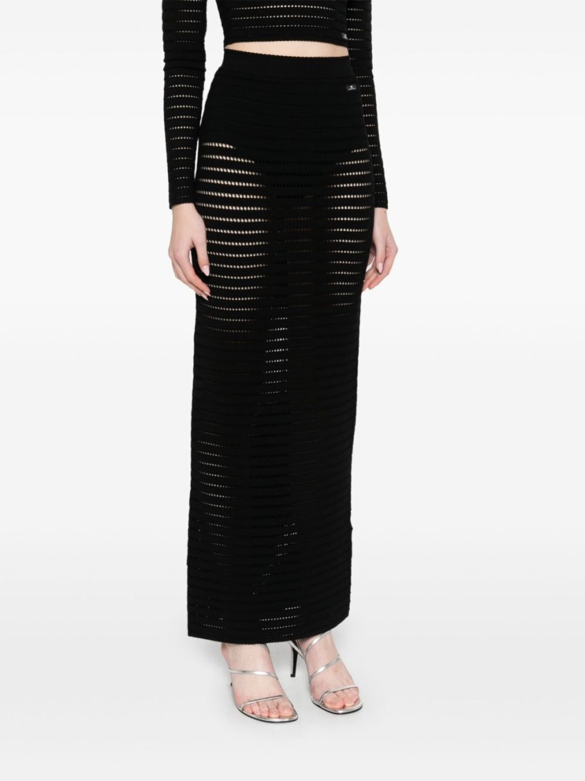 Elisabetta Franchi Long Fitted Skirt With Open-knit Design And Subtle Slit In Black