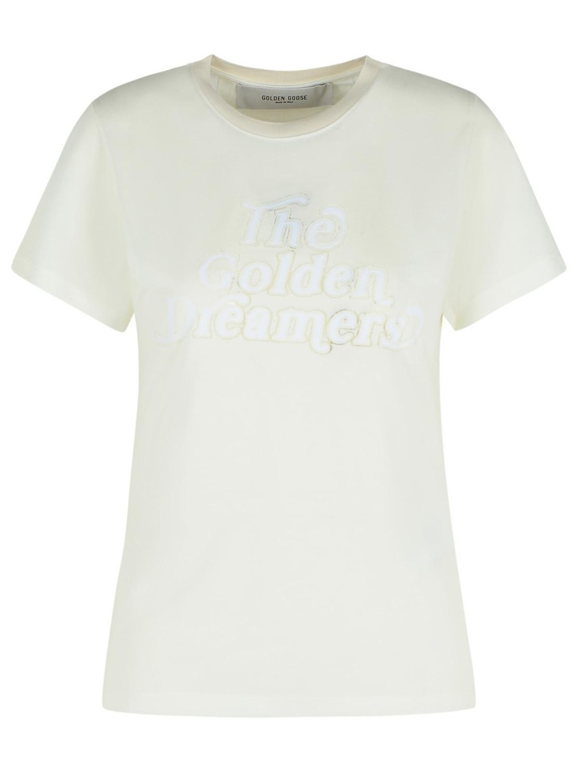 Golden Goose Viscose Blend T-shirt With Ribbed Crew Neck And Front Print In White