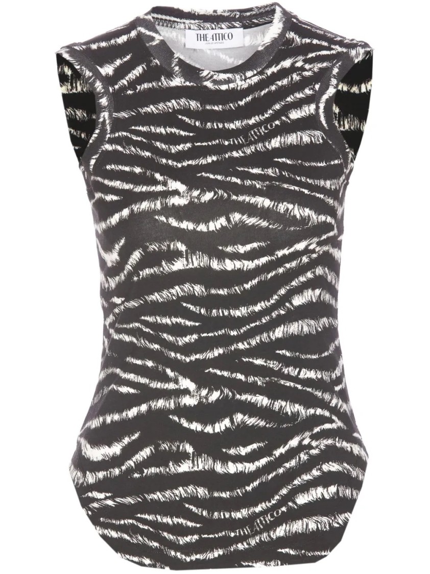 Attico Zebra Print Form-fitting Sleeveless Tank Top In Black