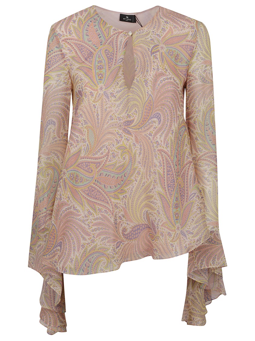 Etro Silk Crepon Top With Intricate Paisley Foliage Print In Pink