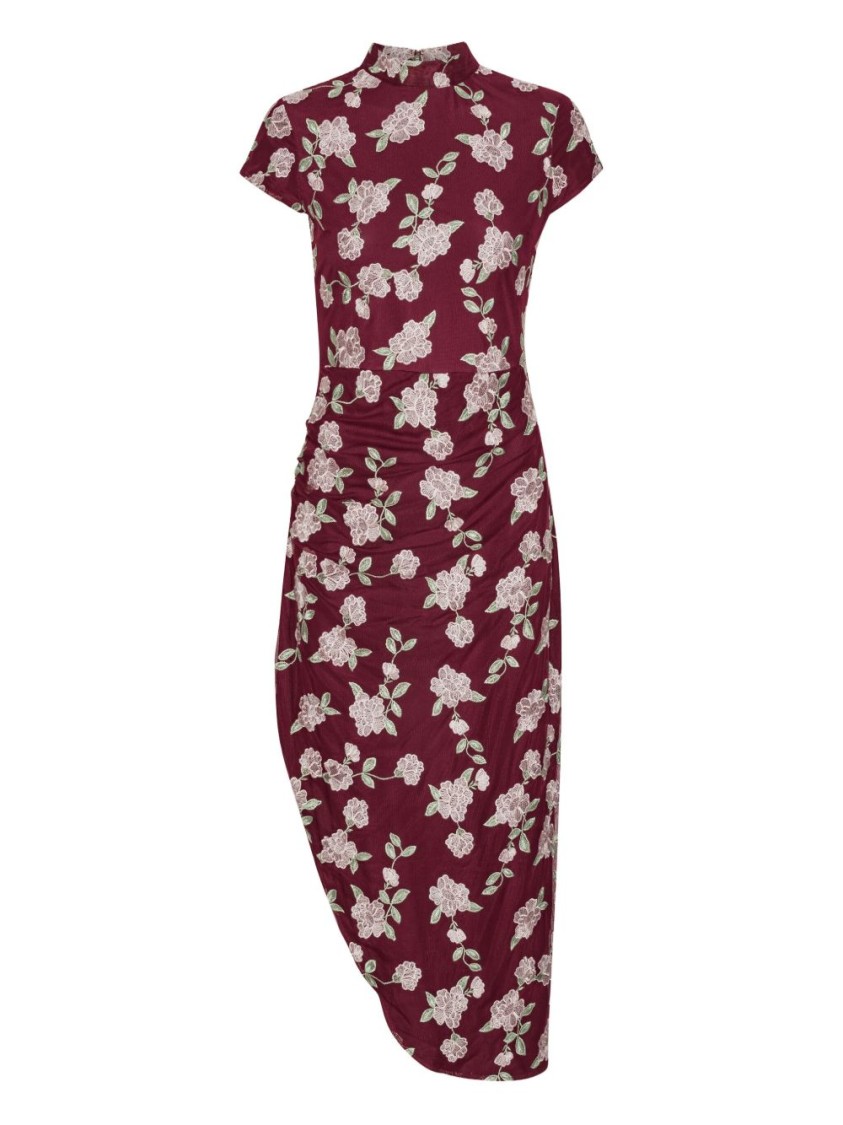 Rotate Birger Christensen Rotate Asymmetric Red Dress With Floral Embroidery And Short Sleeves In Red