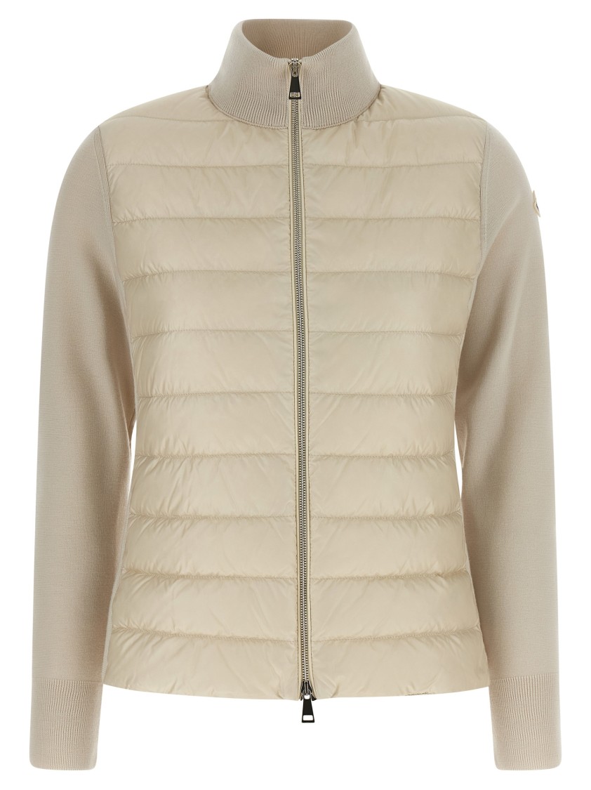 Moncler Quilted High Neck Two-material Cardigan With Feather Padding In Neutral
