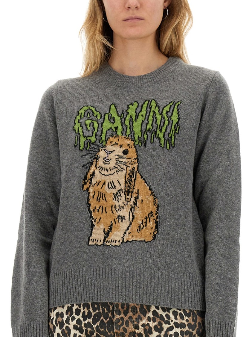 Ganni Bunny Wool Crewneck Sweater In Grey