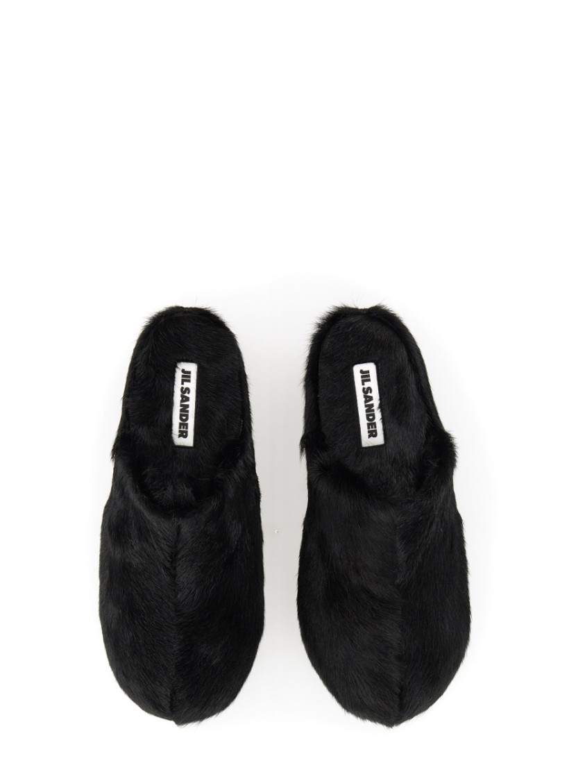 Jil Sander Platform Mules With Plush Fur And Rounded Toe In Black