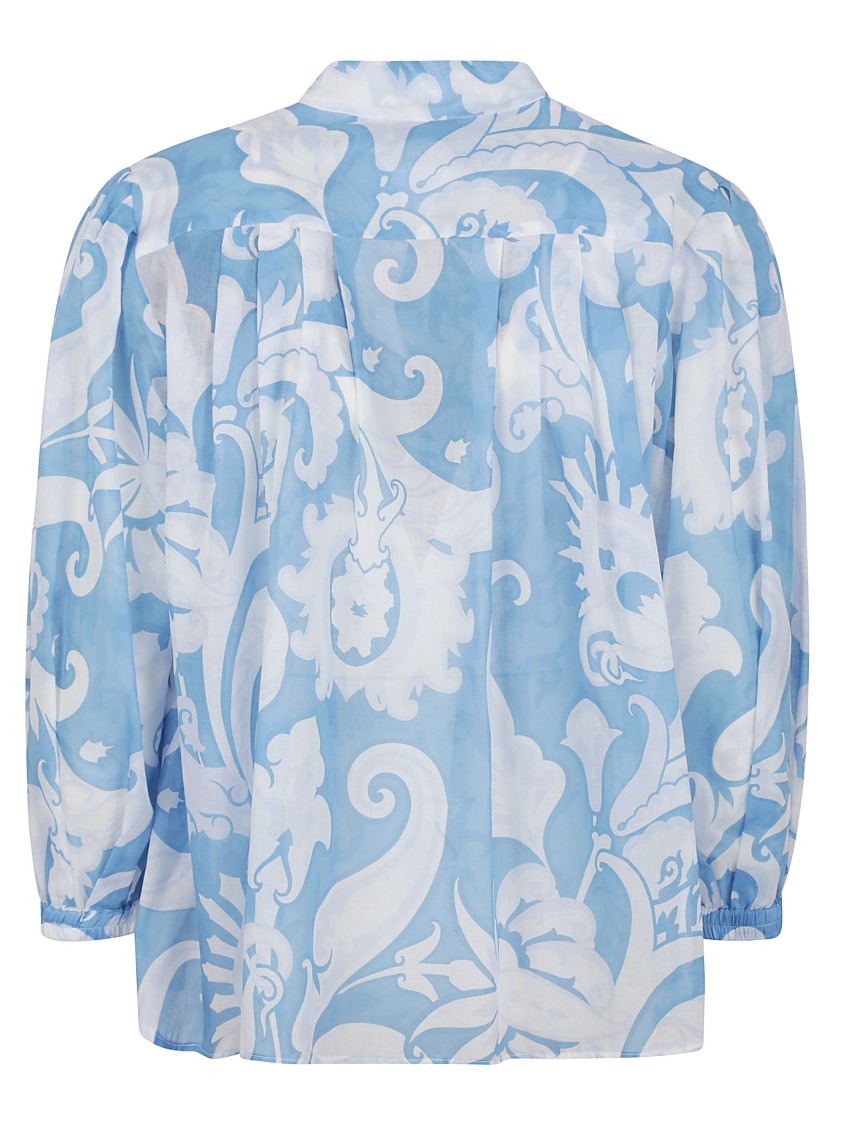 Etro Loose-fit Cotton Shirt With V-neck And Floral Pattern In Blue