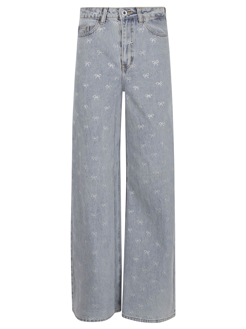 Self-portrait Light Blue Wide-leg Jeans With Crystal Embellishment And Classic Five-pocket Design In Blue