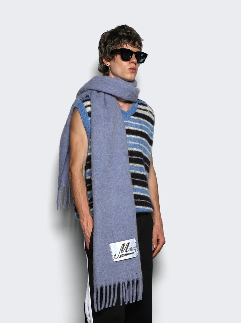 Marni Fringed Blue Scarf With Textured Finish In Blue