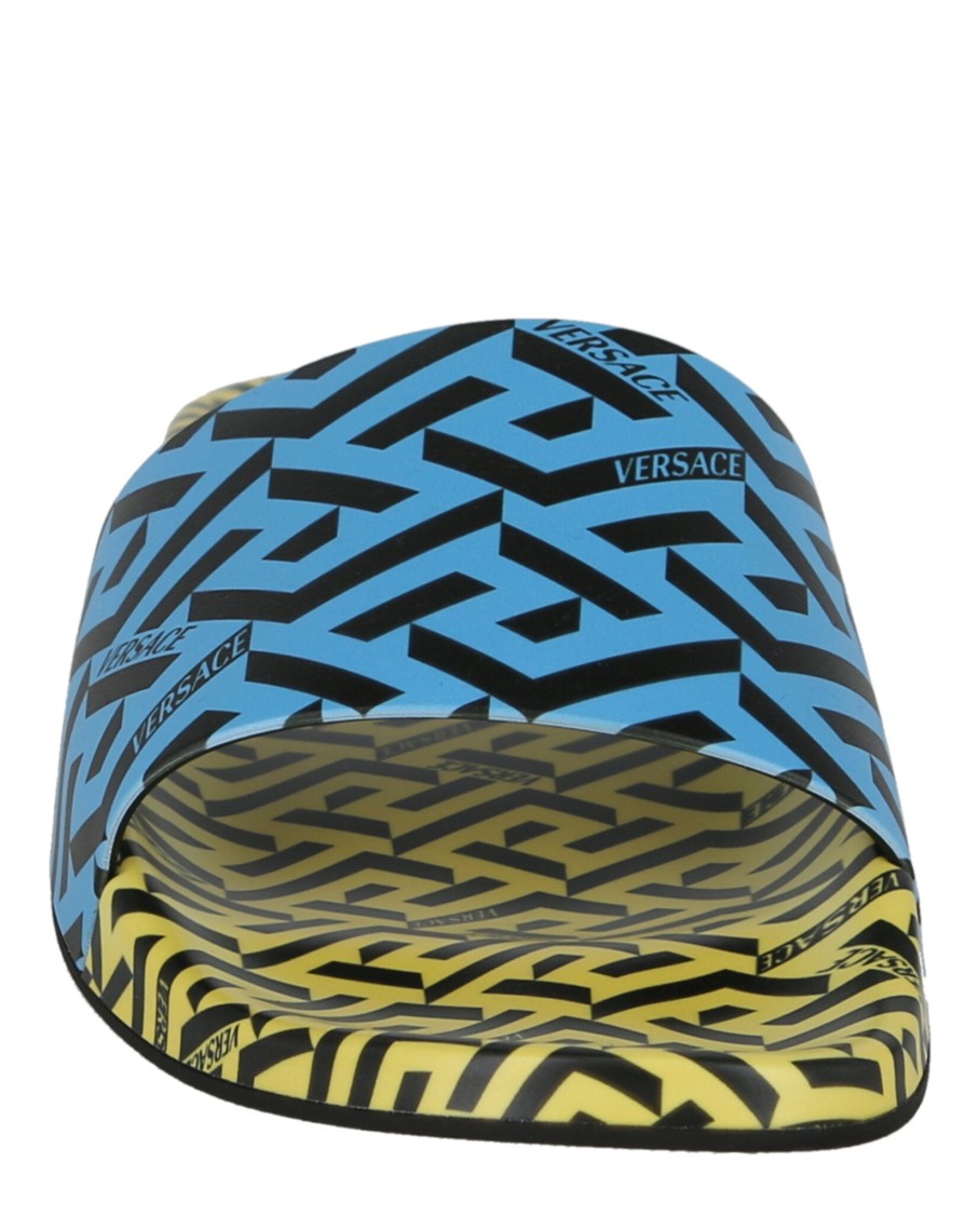 Versace Greca Print Slides In Blue