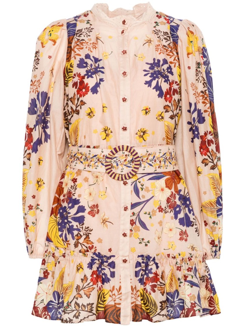 Farm Rio Floral Print Mini Dress With Lace Collar And Ruffled Hem