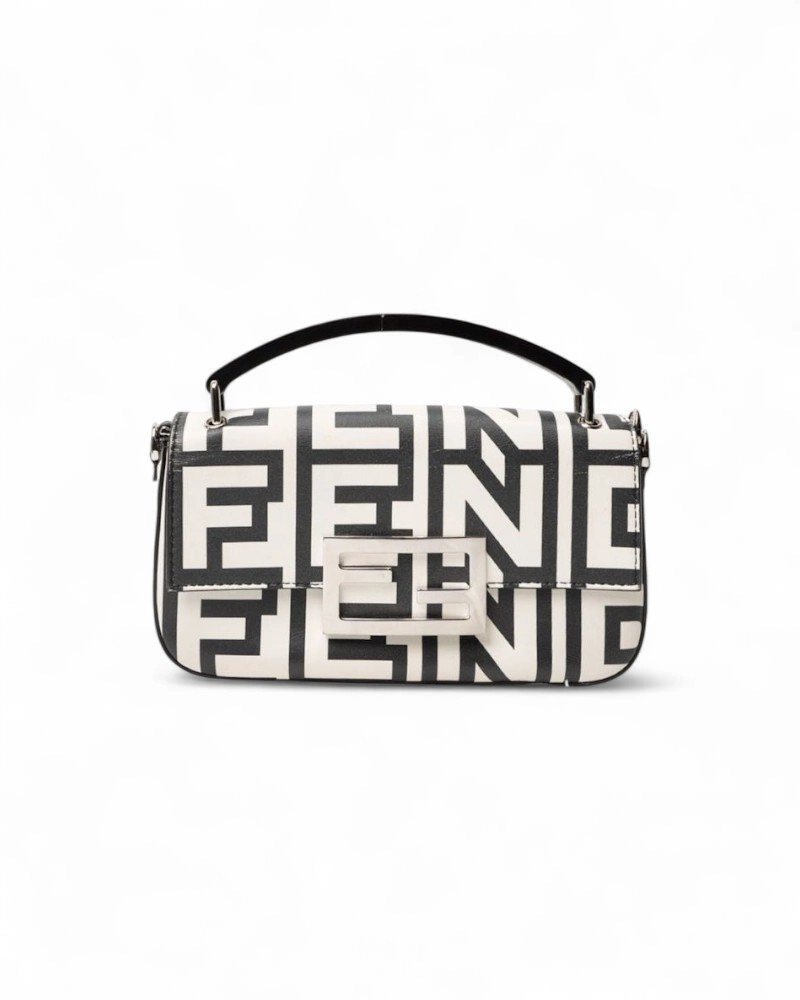 Fendi Baguette Mini Bag Logo Print Bicolor Nero