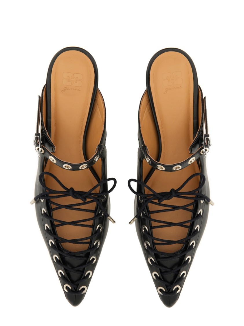 Shop Ganni Pointed Toe Lace-up Mules In Black