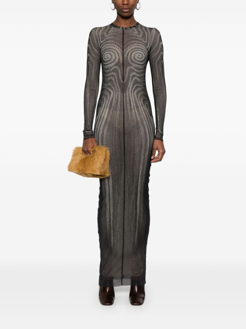 Jean Paul Gaultier Printed Spiraral Long Dress Woman Black In Black