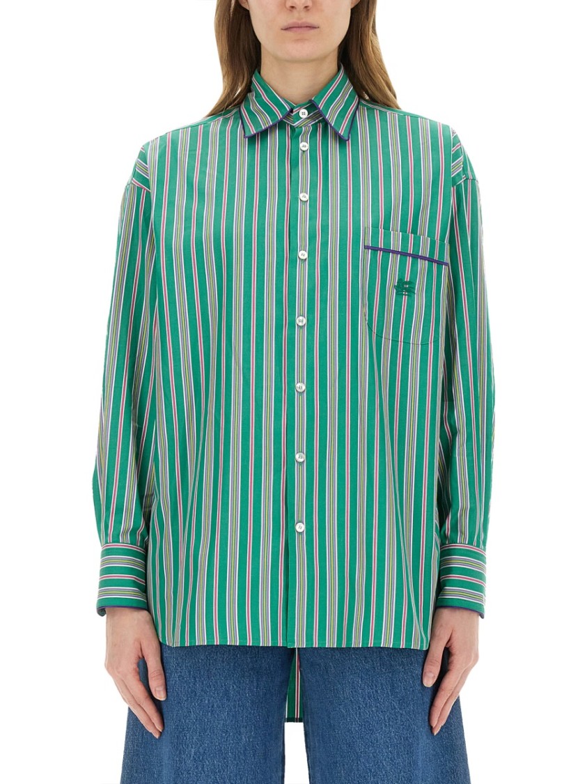 Etro Pocketed Collared Striped Long Sleeve Top In Green