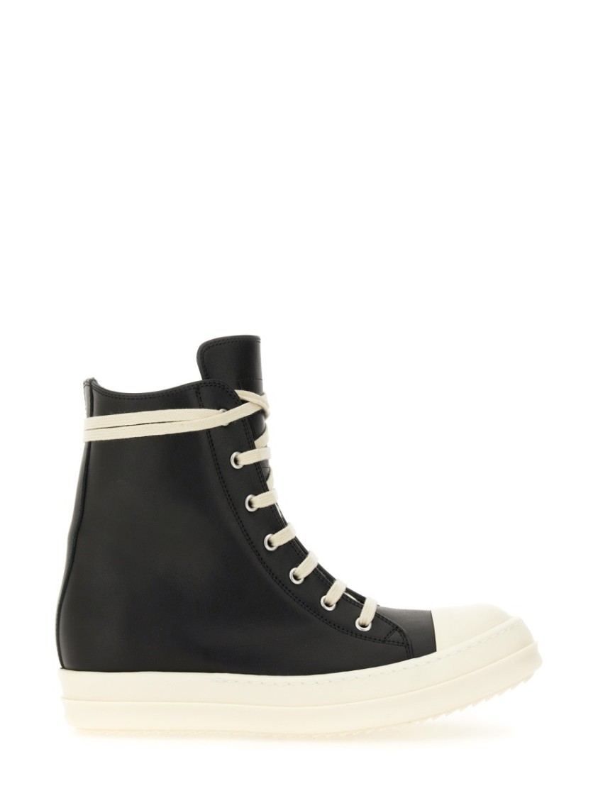 Rick Owens Black High Top Sneakers With Oversized Laces In Leather In Black