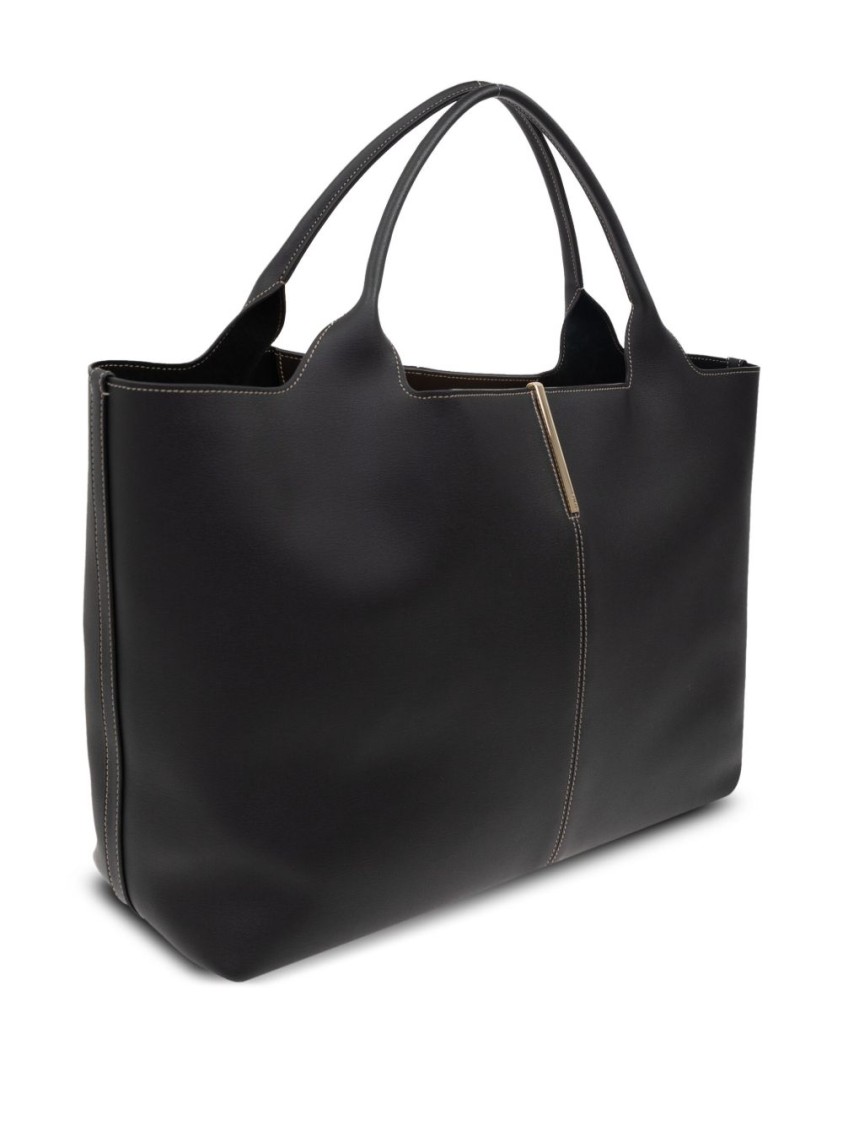 Tod's Black Shopper With Two Top Handles And Metal Bar With Logo In Leather Woman In Black