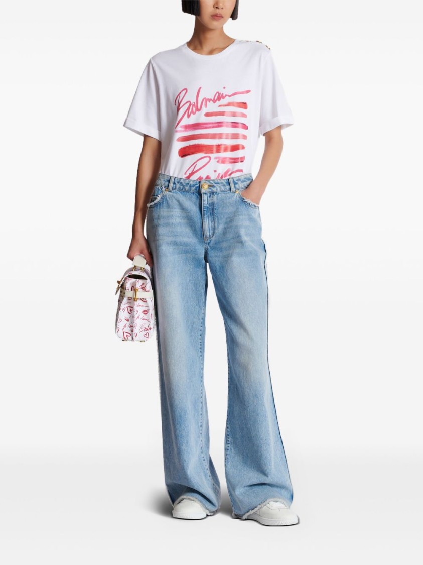 Balmain Cotton Jersey Crewneck T-shirt With Lipstick Print In White
