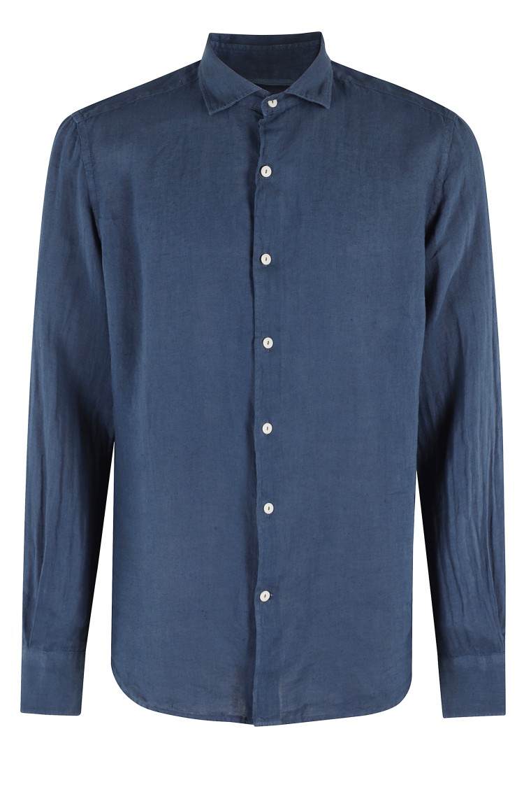 Mc2 Saint Barth Man Blue Navy Linen Pamplona Shirt In Blue