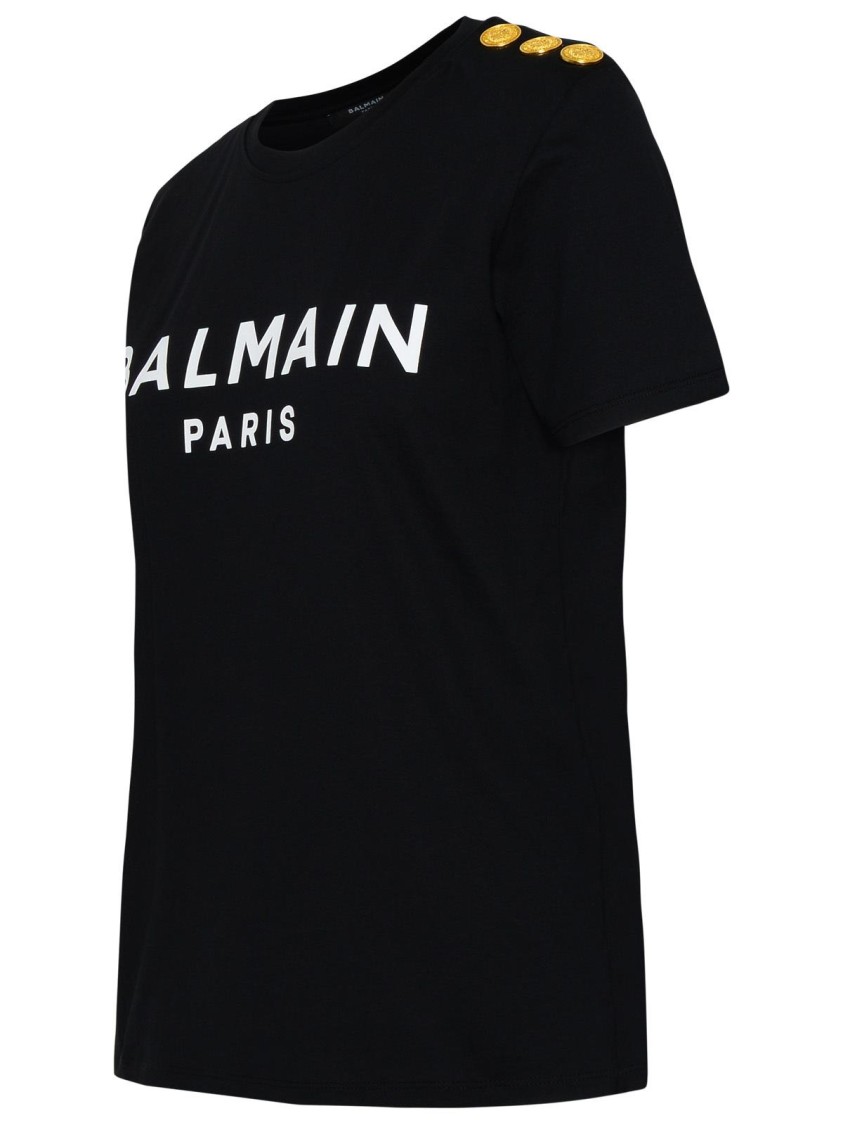 Balmain Black Crewneck T-shirt With Logo Print And Golden Buttons In Jersey Woman In Black