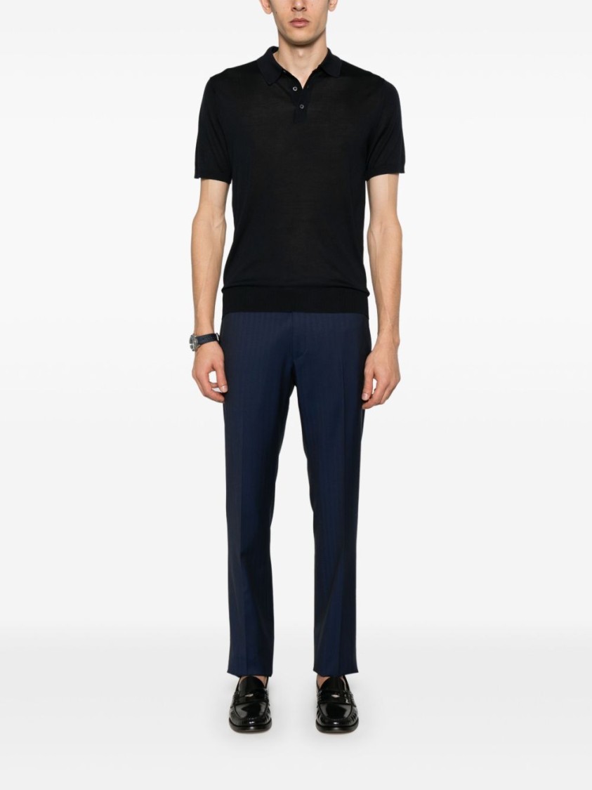 Corneliani Silk Polo-design Black Sweater With Soft Collar In Black
