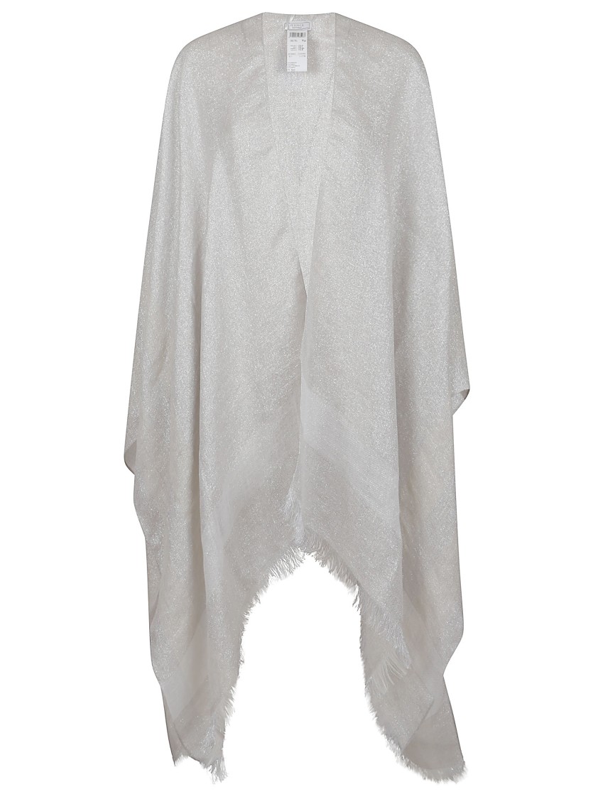 Peserico Fringed White Kimono Scarf With Lurex Detailing In Metallic