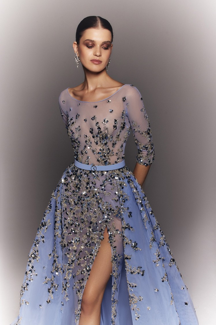 Saiid Kobeisy Tulle Beaded Dress With Envelope Skirt And Overskirt In Blue
