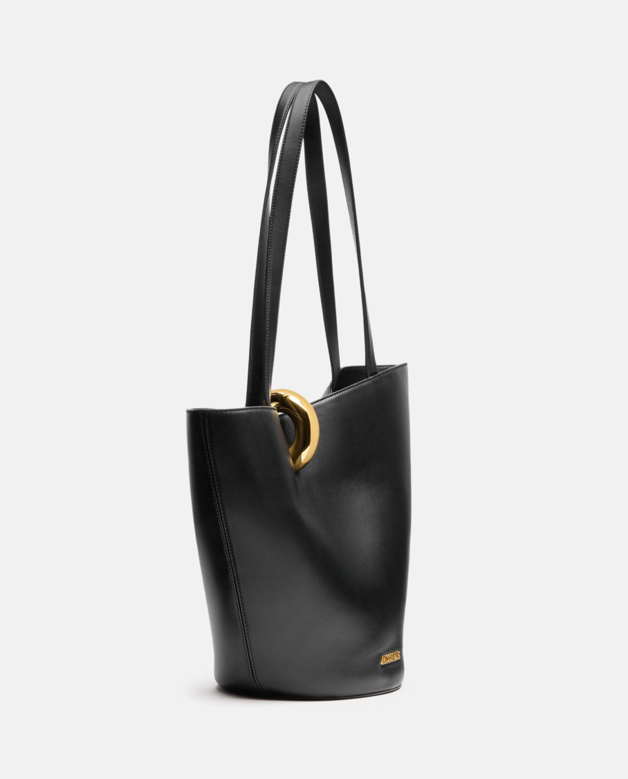 Jacquemus The Medium Bambola Asymmetric Leather Bucket Bag In Black