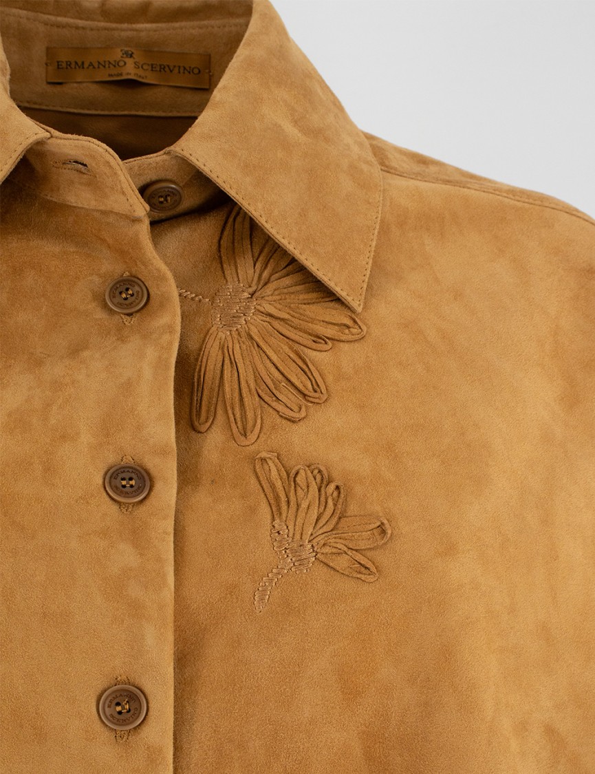 Ermanno Scervino Brown Long-sleeved Shirt With Floral Appliqués